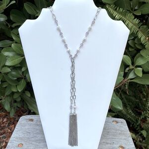 Retired Vintage Premier Designs Faux Pearl Tassel Fringe Silver Necklace